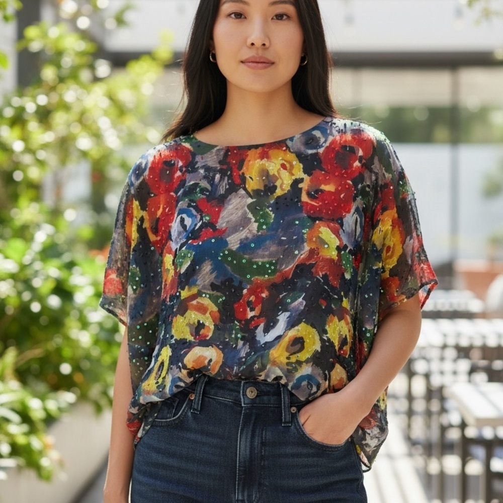 Alice + Olivia Multicolor Abstract Floral Short Sleeve Blouse. Size Medium